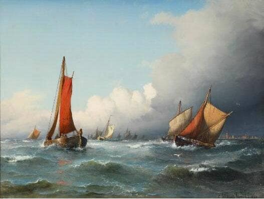 Seascape with fishing boats off a coast by Carl Frederik Sorensen — Oil Painting Reproduction