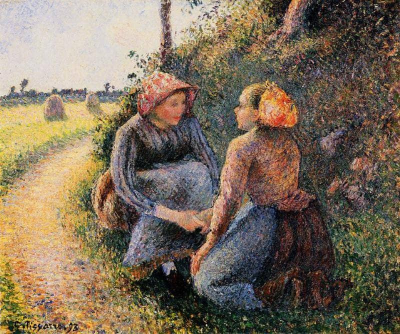 Seated and Kneeling Peasants by Camille Pissarro — Oil Painting Reproduction