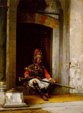 Seated Bashi-Bazouk with a Rifle by Stanislaw Chlebowski — Oil Painting Reproduction