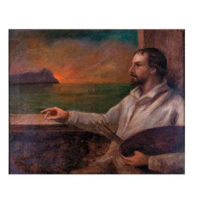 Self-portrait against the background of the Circeo in kitchen