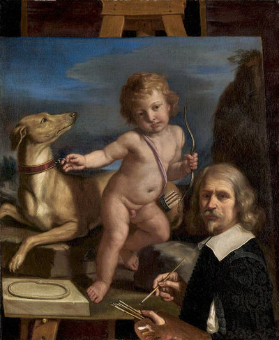 Self-Portrait before a Painting of Amor Fedele in bedroom