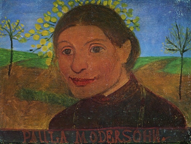 Self portrait in front of flowering trees by Paula Modersohn-Becker — Oil Painting Reproduction