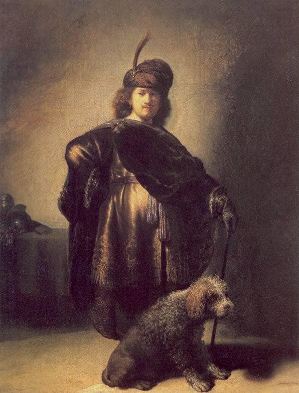Self-portrait in oriental attire with poodle by Rembrandt — Oil Painting Reproduction