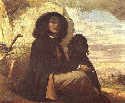 Self-Portrait with a Black Dog in modern living room
