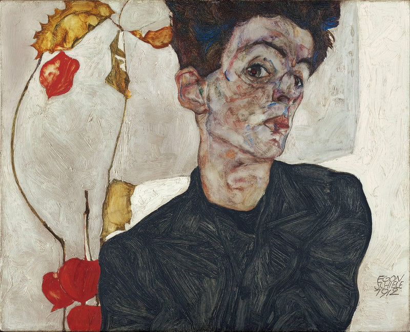 Self-Portrait with Chinese lantern fruits by Egon Schiele — Oil Painting Reproduction
