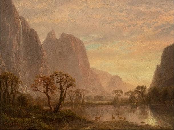 Sentinel Falls and Cathedral Peaks in the Yosemite Valley by Albert Bierstadt — Oil Painting Reproduction