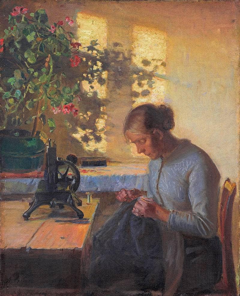 Sewing Fisherman's Wife by Anna Ancher — Oil Painting Reproduction
