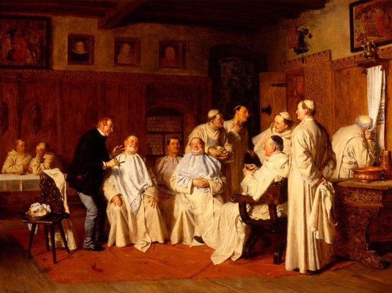 Shaving Day at the Monastery by Eduard von Grützner — Oil Painting Reproduction