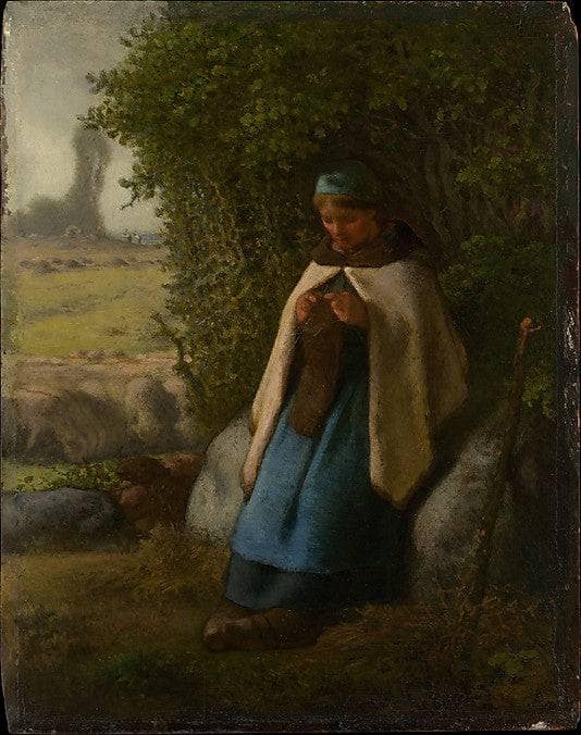 Shepherdess Seated on a Rock by Jean-Francois Millet — Oil Painting Reproduction