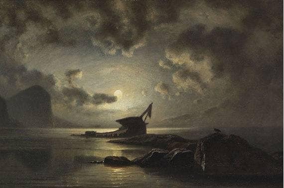 Shipwreck by moonlight on the coast by Knud Baade — Oil Painting Reproduction