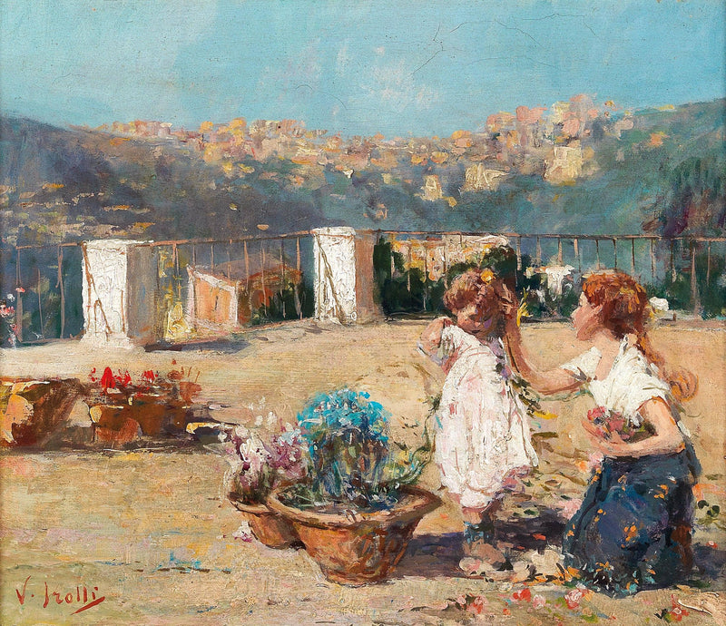 Siblings on the roof terrace by Vincenzo Irolli — Oil Painting Reproduction