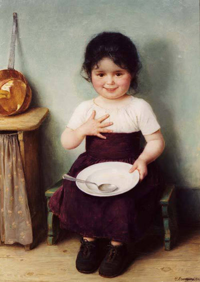 Sitting little girl in a peasant interior in dining room