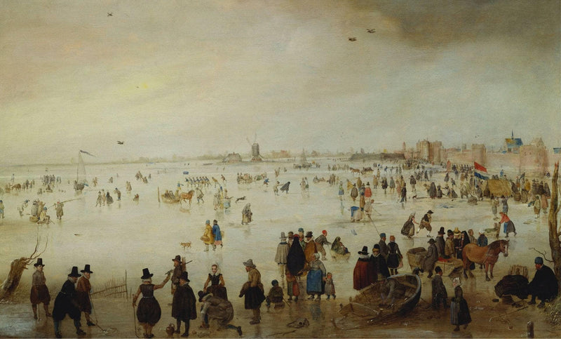 Skaters, Golf Players, Elegant Ladies and Gentleman on Frozen Floodwaters by the Broederpoort at Kampen by Hendrick Avercamp — Oil Painting Reproduction
