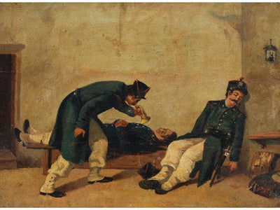 Sleeping soldiers waken by a trumpeter in hallway