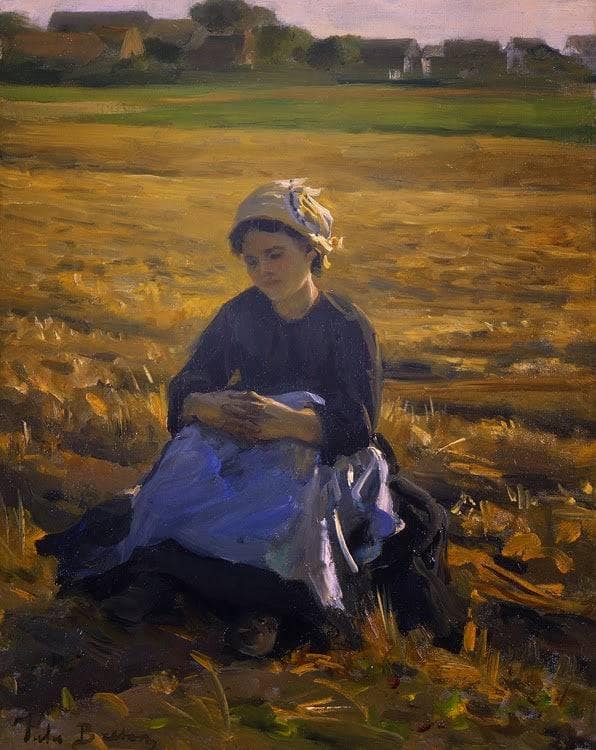 Small Gleaner Sitting in the Field by Jules Breton — Oil Painting Reproduction