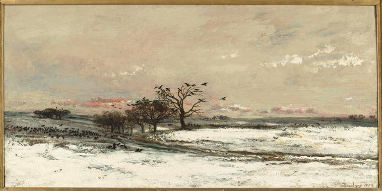 Snowy Landscape at Sunset by Charles-Francois Daubigny, Oil Painting Reproduction