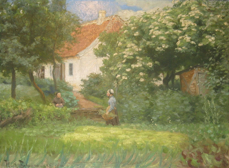 Sommerdag I Haven. to Kvinder I Samtale Ved Blomstrende Kastanjetræ by Hans Andersen Brendekilde — Oil Painting Reproduction