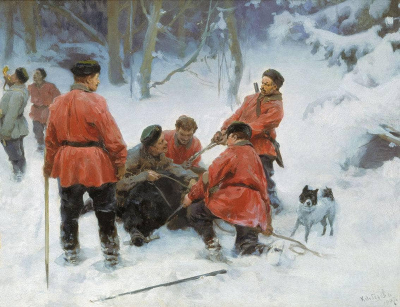 Capture of bear in the woods by Klavdy Lebedev — Oil Painting Reproduction