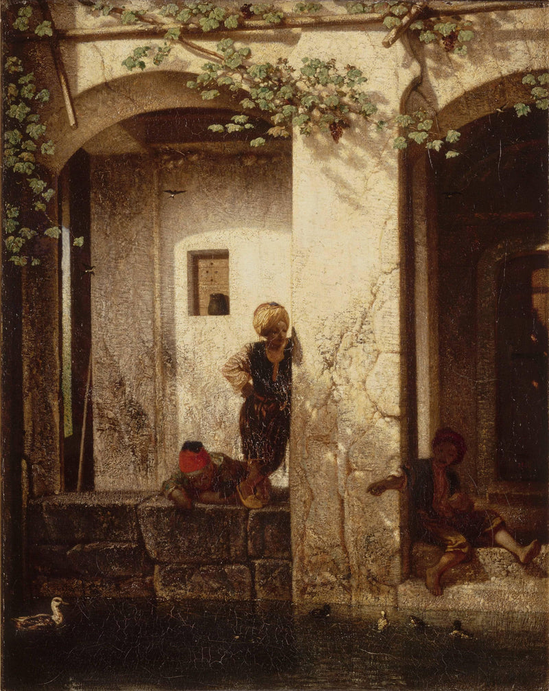 Souvenir from Asian Turkey (Turkish children by a fountain) by Alexandre-Gabriel Decamps — Oil Painting Reproduction