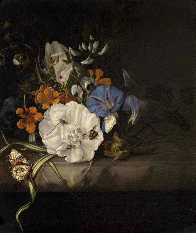 Spray of Flowers with Insects and Butterflies on a Marble Slab by Rachel Ruysch — Oil Painting Reproduction