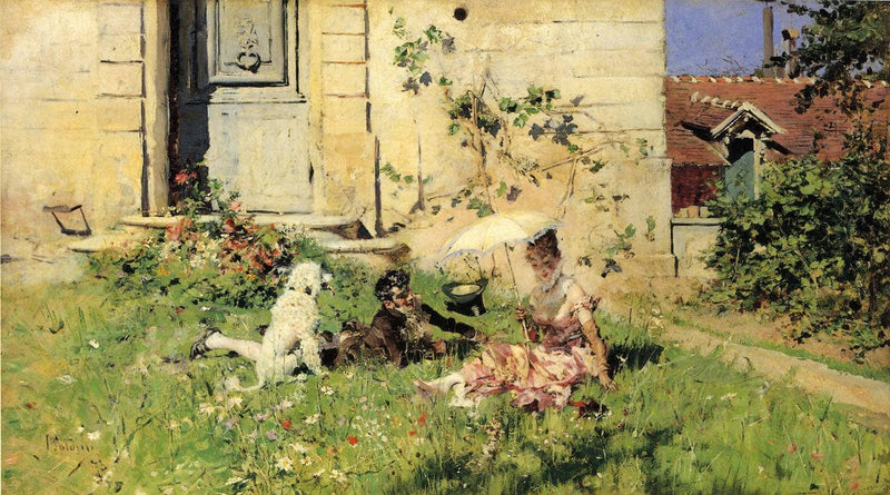 Spring (Young couple in Empire dress on the meadow) by Giovanni Boldini — Oil Painting Reproduction