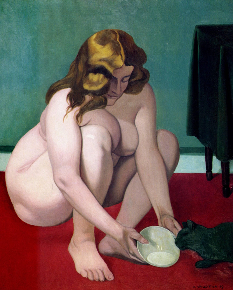 Squatting Woman Offering Milk to a Cat by Felix Vallotton — Oil Painting Reproduction