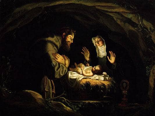 St. Francis and St. Clare of Assisi in adoration of the Infant Christ by Josefa de Obidos — Oil Painting Reproduction