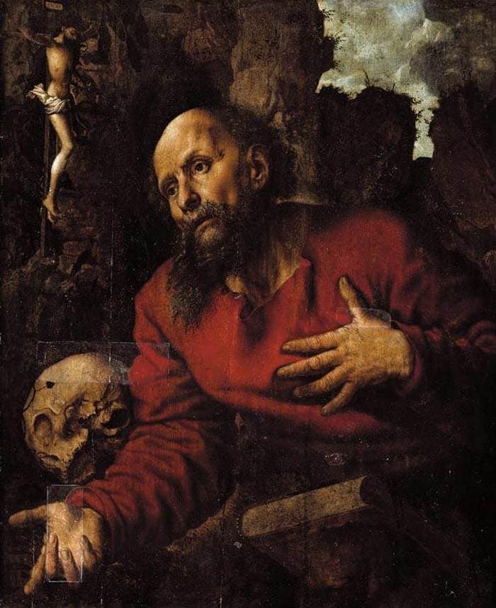 St. Jerome praying before a rocky grotto by Jan van Hemessen — Oil Painting Reproduction