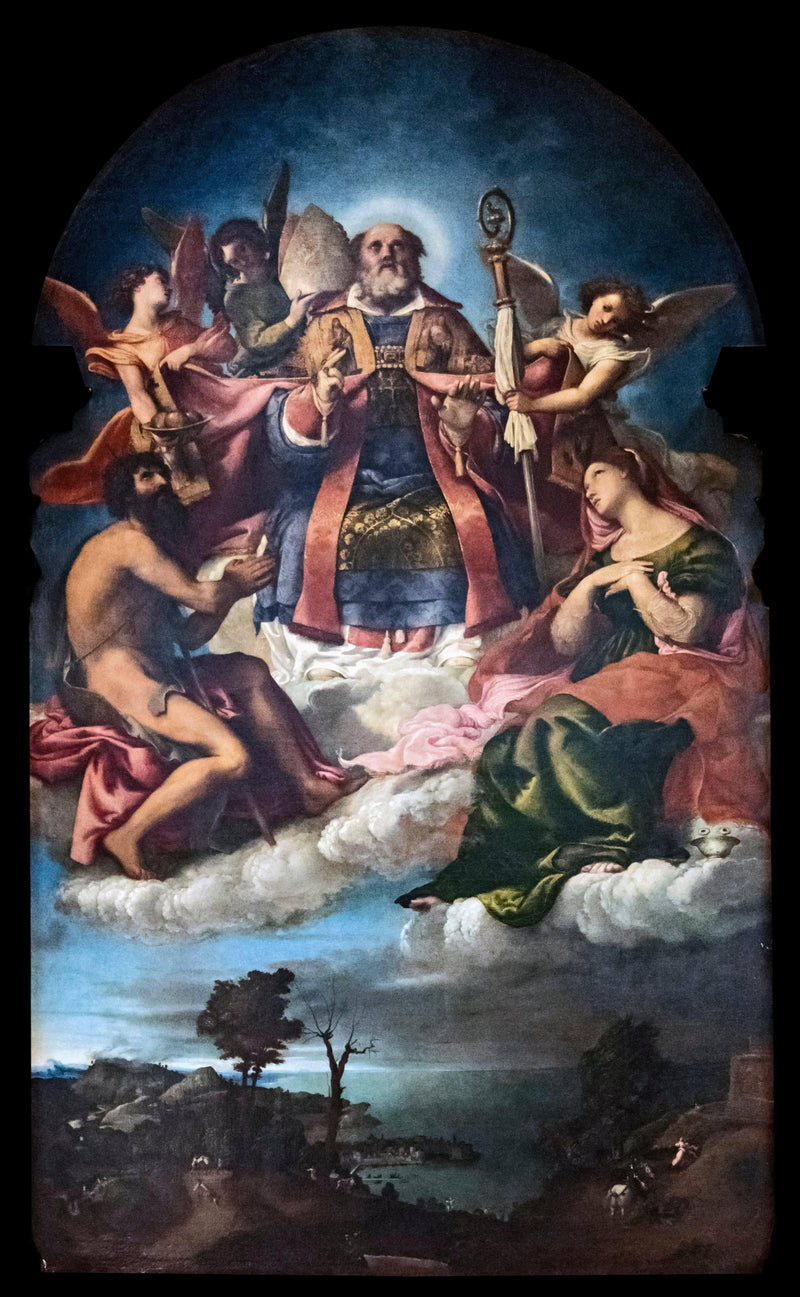 St. Nicholas in Glory with St. John the Baptist, St. Lucy and below St. George Slaying the Dragon by Lorenzo Lotto — Oil Painting Reproduction