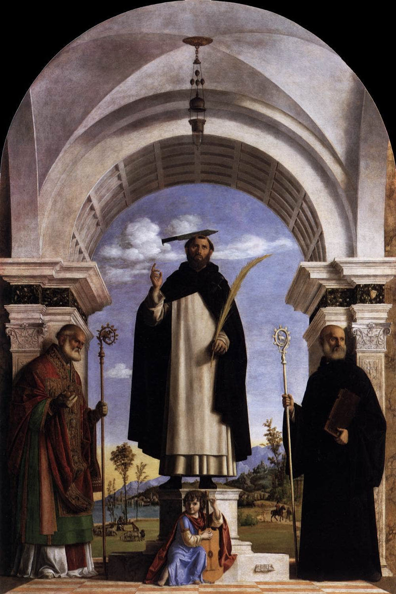 St. Peter Martyr with St. Nicholas of Bari, St. Benedict and an Angel Musician by Cima da Conegliano — Oil Painting Reproduction