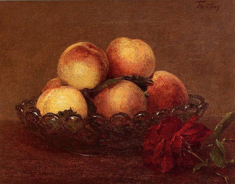 Still Life Fisheries in a glass cup a dark pink with leaf right by Henri Fantin-Latour — Oil Painting Reproduction