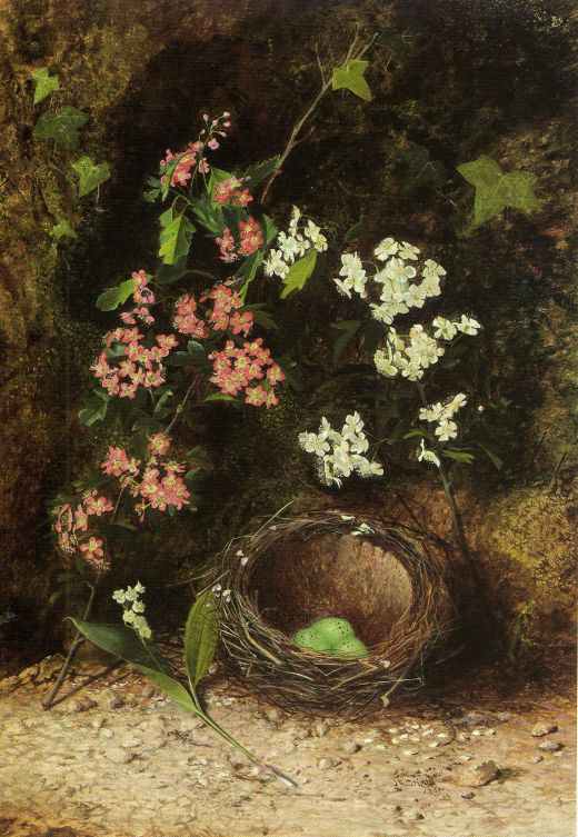 Still Life of Birds Nest with Primulas and Blossom by John Atkinson Grimshaw — Oil Painting Reproduction