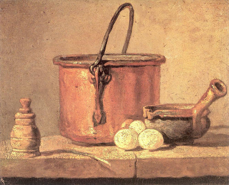 Still Life of Cooking Utensils, Cauldron, Casserole and Eggs by Jean-Baptiste-Simeon Chardin — Oil Painting Reproduction