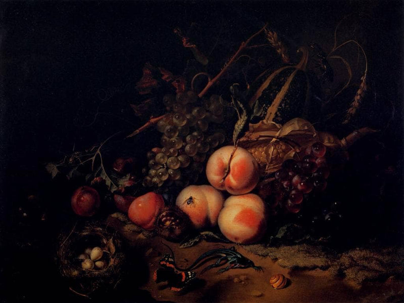 Still Life of Fruits, Animals and Insects on a Moss Floor by Rachel Ruysch — Oil Painting Reproduction