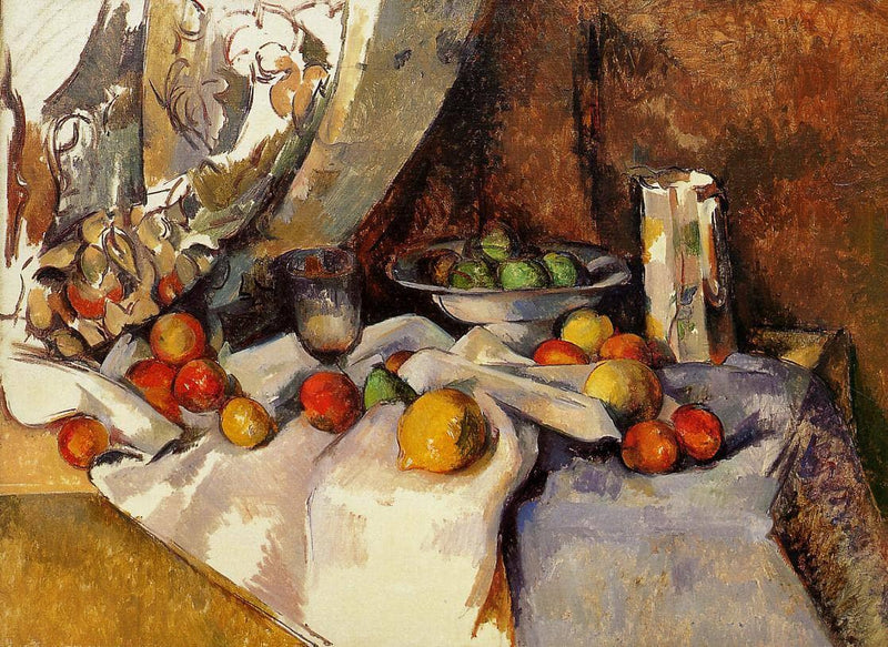 Still Life Post, Bottle, Cup and Fruit by Paul Cezanne — Oil Painting Reproduction