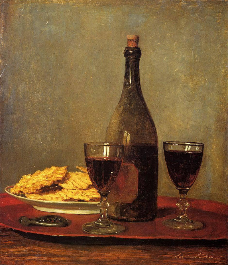 Still Life: Two Glasses of Red Wine, a Bottle of Wine, a Corkscrew and a Plate of Biscuits on a Tray by Albrecht Anker — Oil Painting Reproduction