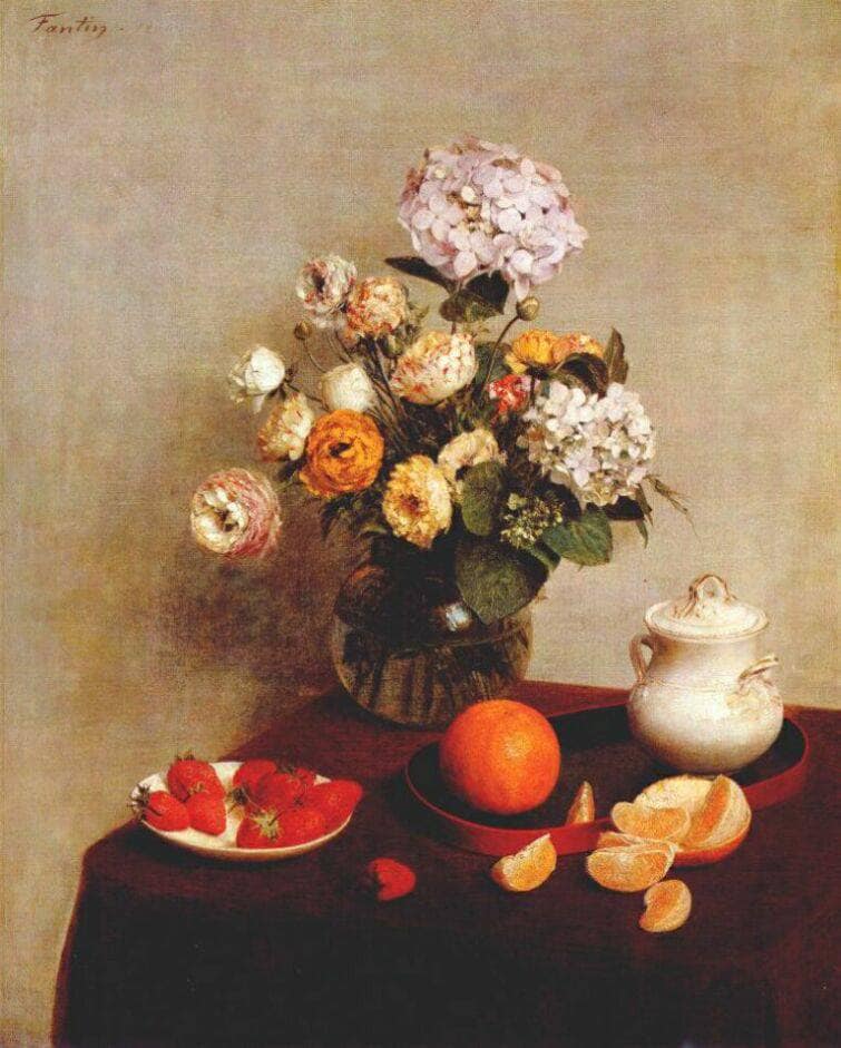 Still Life Vase Of Hydrangeas And Ranunculus by Henri Fantin-Latour — Oil Painting Reproduction