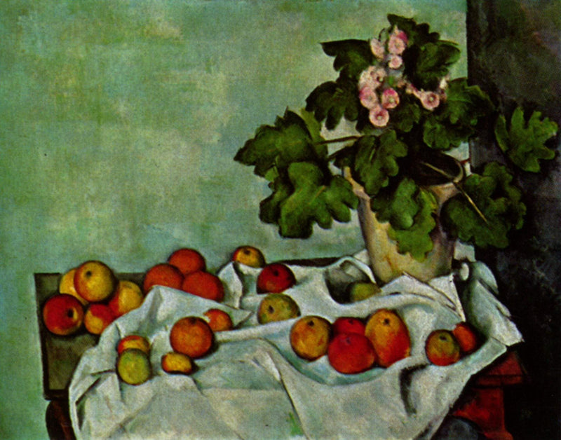 Still Life with Apples and a Pot of Primroses by Paul Cezanne — Oil Painting Reproduction