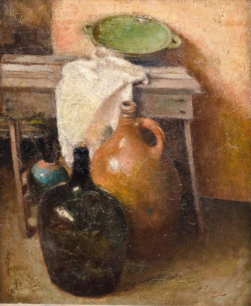 Still life with bottles by Joaquín Agrasot — Oil Painting Reproduction