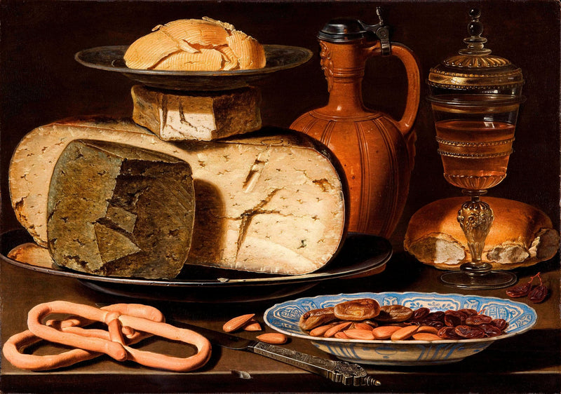 Still Life with Cheeses, Almonds and Pretzels by Clara Peeters — Oil Painting Reproduction
