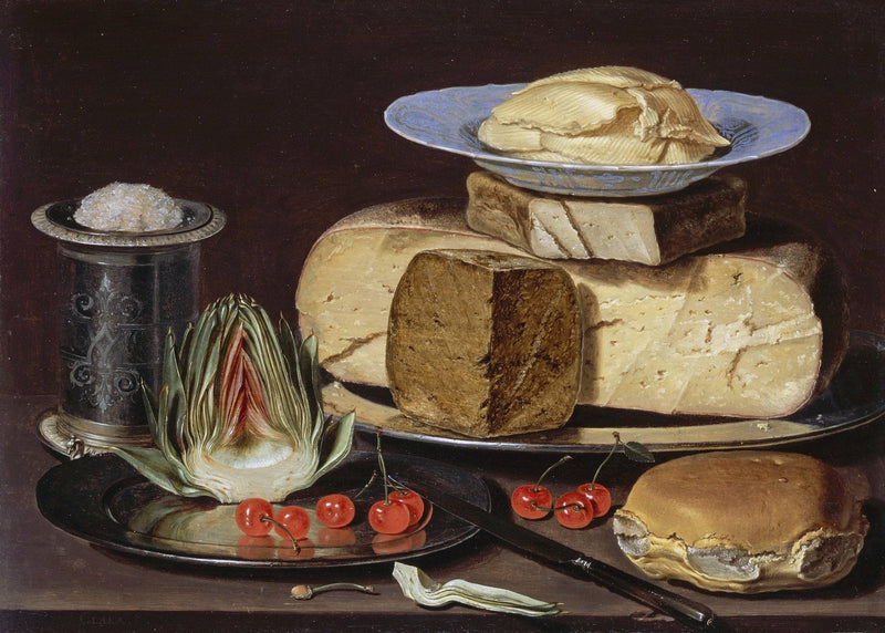 Still Life with Cheeses, Artichoke, and Cherries by Clara Peeters — Oil Painting Reproduction