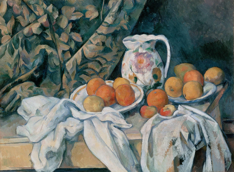 Still Life with Curtain and Flowered Pitcher by Paul Cezanne — Oil Painting Reproduction