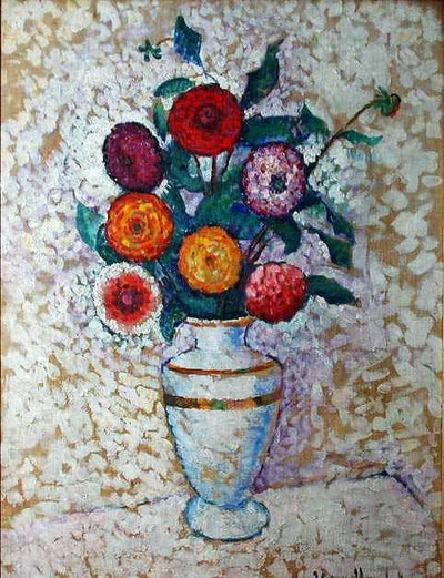 Still life with dahlias in hallway