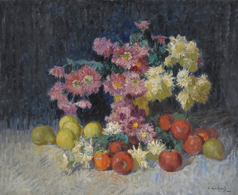Still Life with Flowers and Fruit by Konstantin Gorbatov — Oil Painting Reproduction