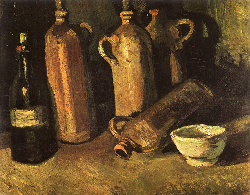 Still Life with Four Stone Bottles, Flask and White Cup by Vincent van Gogh — Oil Painting Reproduction