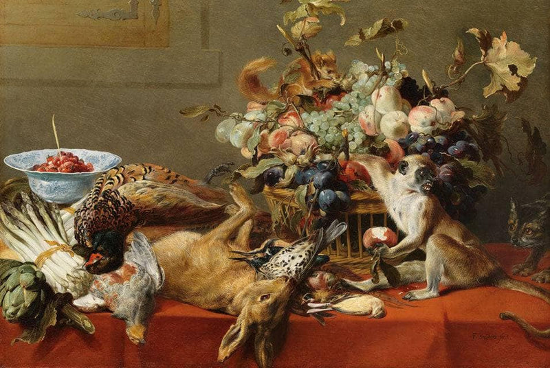 Still Life with Fruit, Dead Game, Vegetables, a Live Monkey, Squirrel and Cat by Frans Snyders — Oil Painting Reproduction