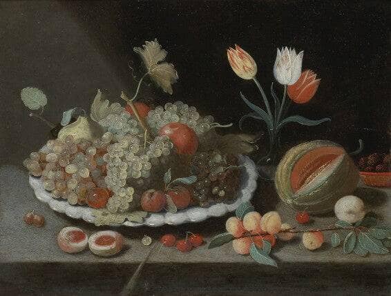Still life with grapes and other fruit on a platter, a glass vase with tulips, a melon, apricots, cherries and other fruit, all on a ledge by Jan van Kessel the Elder — Oil Painting Reproduction