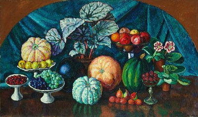 Still life with melons and pumpkins in dining room