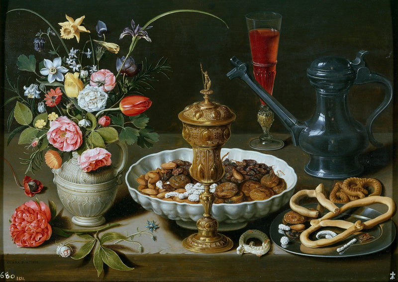 Still Life with Nuts, Candy and Flowers by Clara Peeters — Oil Painting Reproduction
