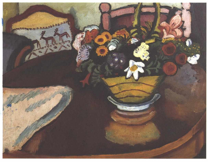 Still life with pillow with deer décor and a bouquet by August Macke — Oil Painting Reproduction